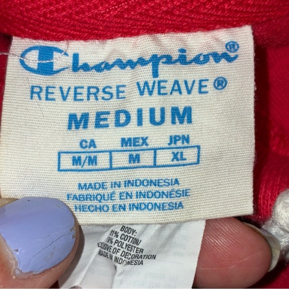 Champion Reverse Weave Colorblock Red Grey Blue Cropped Hoodie Women’s Medium - Picture 7 of 8